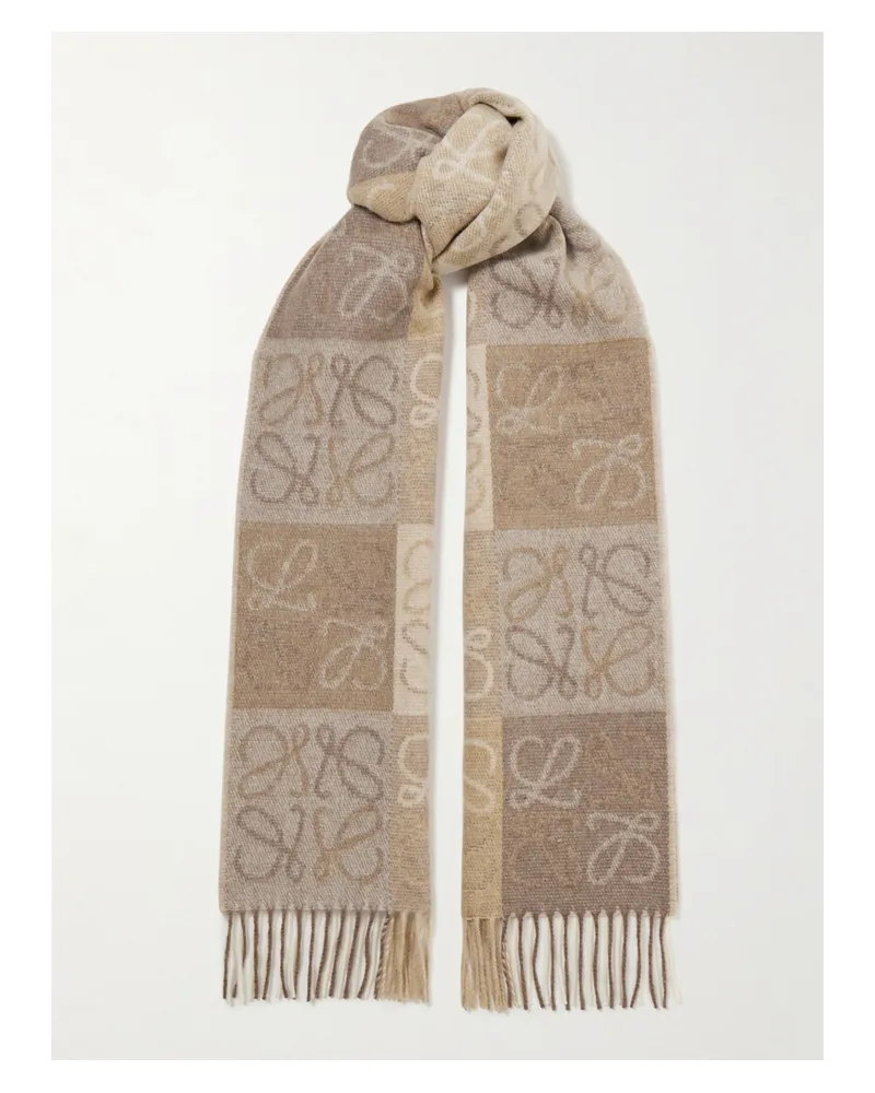 Loewe Fringed Intarsia Wool And Cashmere-blend Scarf - Neutrals Neutrals
