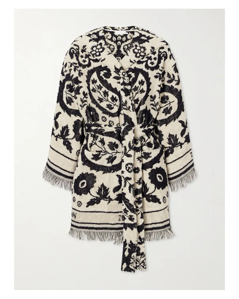 Zimmermann Wanderlust Hooded Fringed Cotton-terry Jacquard Robe - Black Black