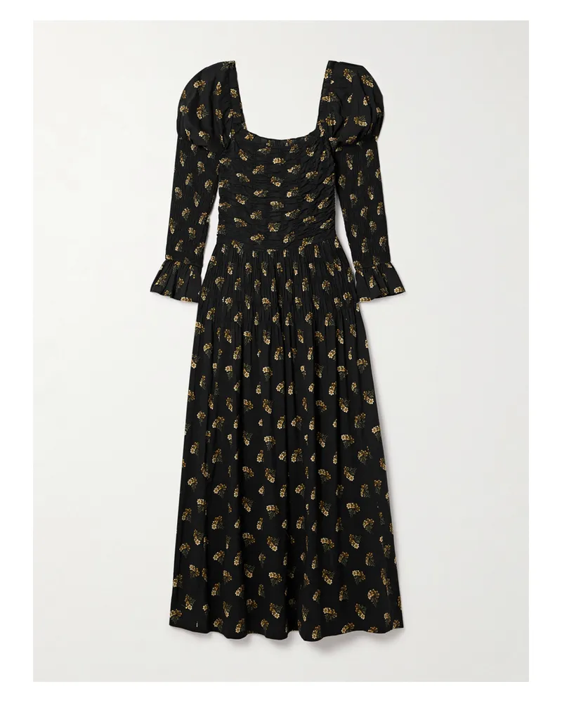 DÔEN Wilmina Shirred Floral-print Cotton-blend Maxi Dress - Black Black