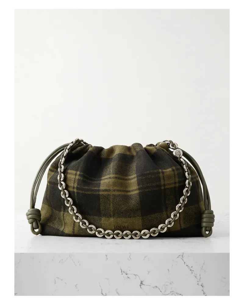 Loewe Flamenco Medium Leather-trimmed Checked Suede Shoulder Bag - Green Green