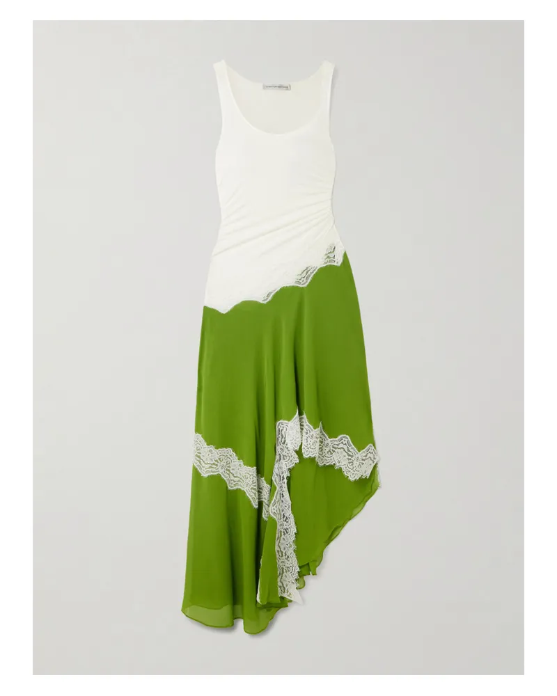 Christopher Esber Asymmetrisches Kleid Aus Gerafftem Stretch-jersey Und Crêpe Mit Spitzenbesätzen - Grün Grün