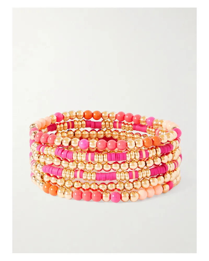 Roxanne Assoulin The Love Bunch Set Aus Sechs Armbändern Mit Emaille, Heishi-zierperlen Und Goldfarbenen Details - Pink Pink