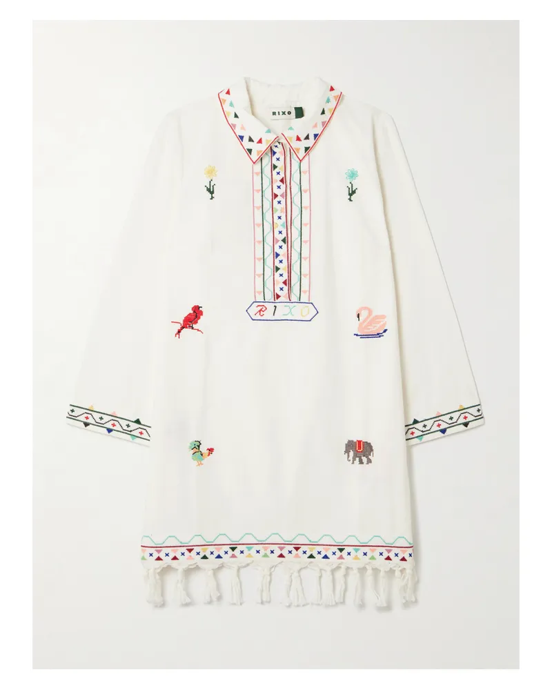 RIXO Astoria Fringed Embroidered Cotton Mini Dress - Cream Cream