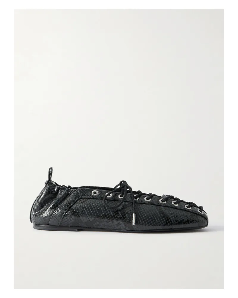 Ganni Ballerinas Aus Glänzendem Synthetischem Material Mit Schlangeneffekt Und Schnürung - Schwarz Schwarz