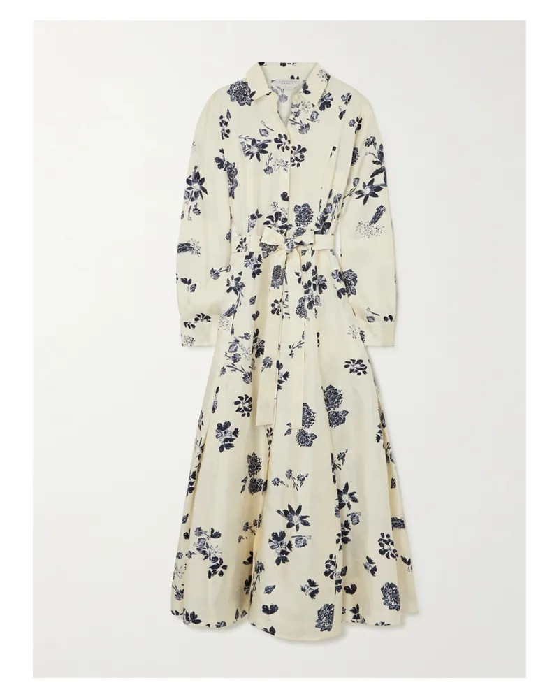 Gabriela Hearst Galway Midikleid Aus Seiden-twill Mit Falten, Bindegürtel Und Blumenprint - Elfenbein Elfenbein