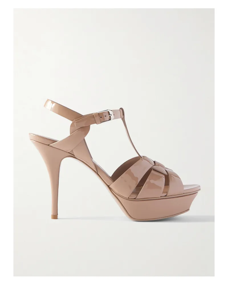 Saint Laurent Tribute Woven Patent-leather Platform Sandals - Neutrals Neutrals