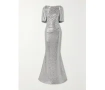 Robe Aus Verziertem Stretch-jersey Mit Raffungen Und Cape-effekt In Metallic-optik - Silber