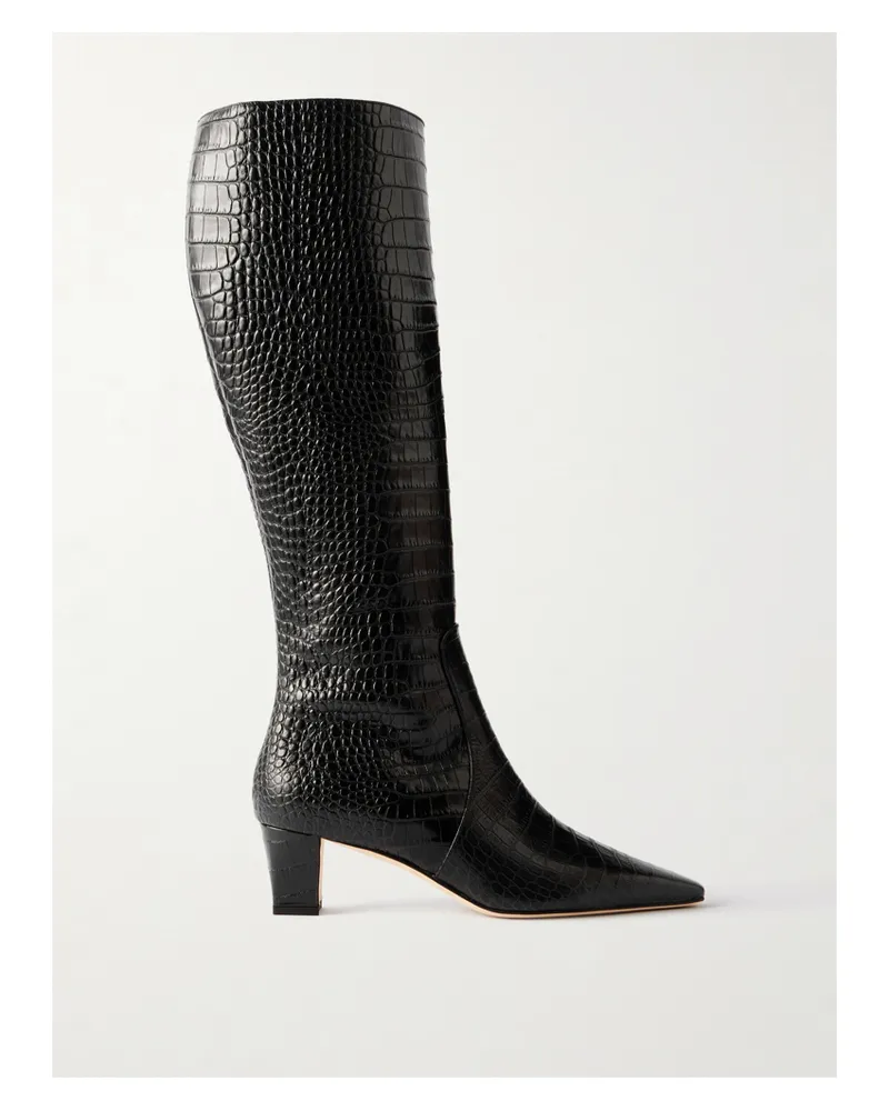 Manolo Blahnik Penelope 50 Croc-effect Leather Knee Boots - Black Black