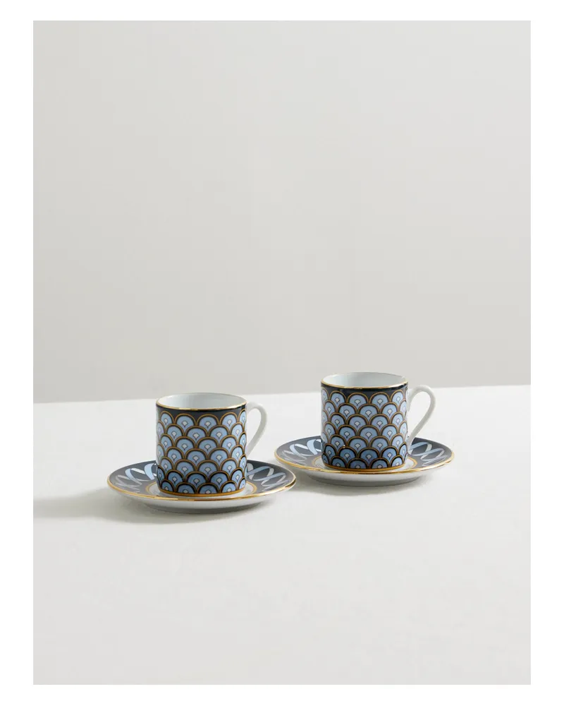 La DoubleJ Impero Set Aus Zwei Espresso- Und Untertassen Aus Porzellan Mit Vergoldeten Details - Blau Blau