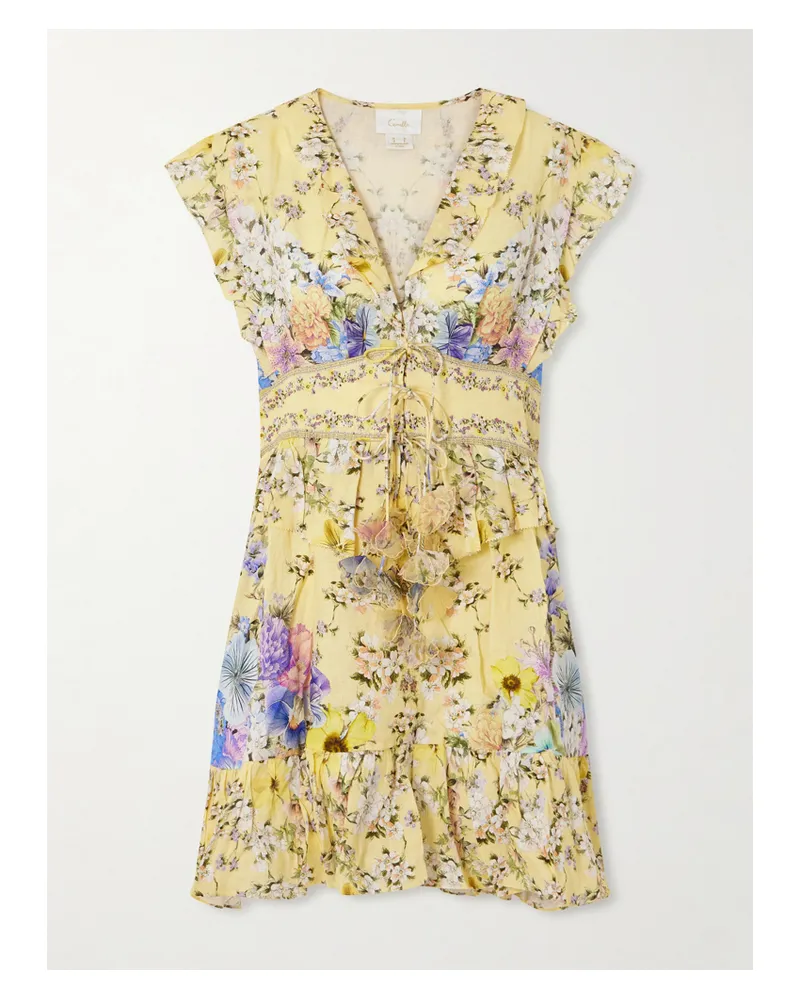 Camilla Minikleid Aus Leinen-voile Mit Blumenprint, Verzierungen Und Applikationen - Gelb Gelb