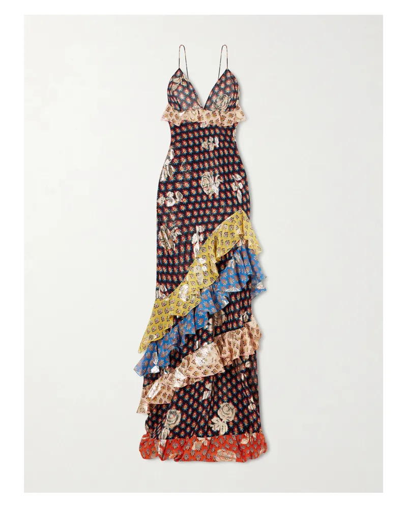 Etro Ruffled Tiered Printed Metallic Fil-coupé Silk-chiffon Maxi Dress - Multi Multi