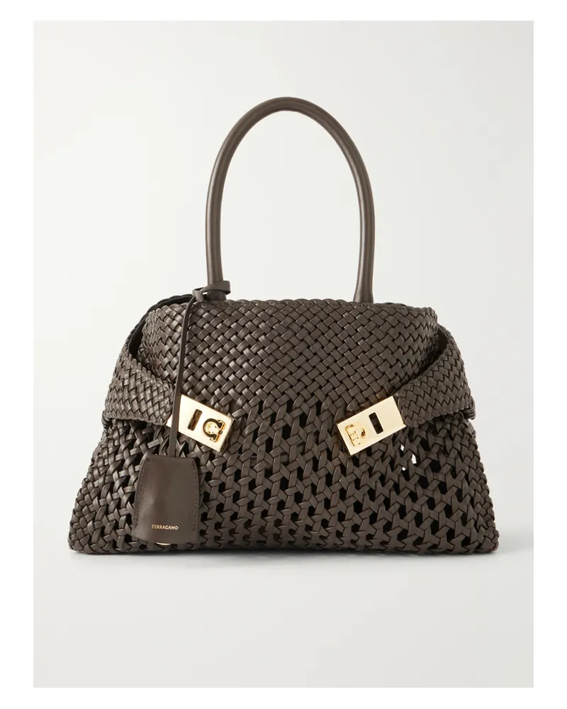 Ferragamo Hug Small Woven Leather Tote - Brown Brown