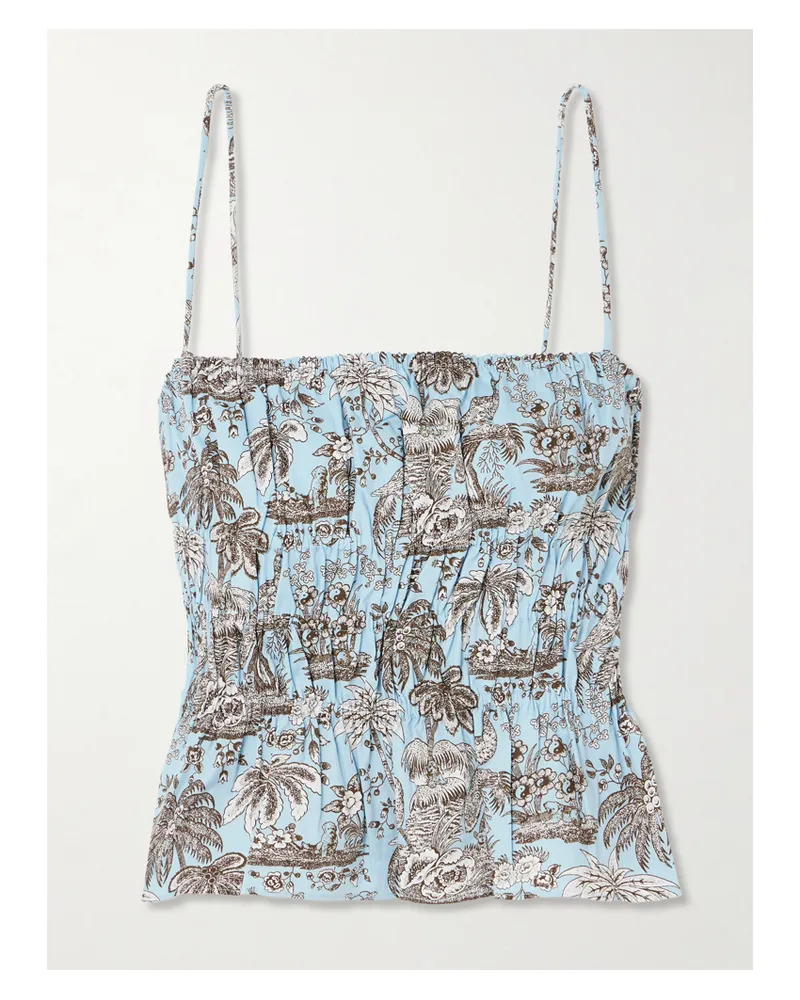 STAUD Ayla Cropped Shirred Printed Cotton-blend Top - Blue Blue