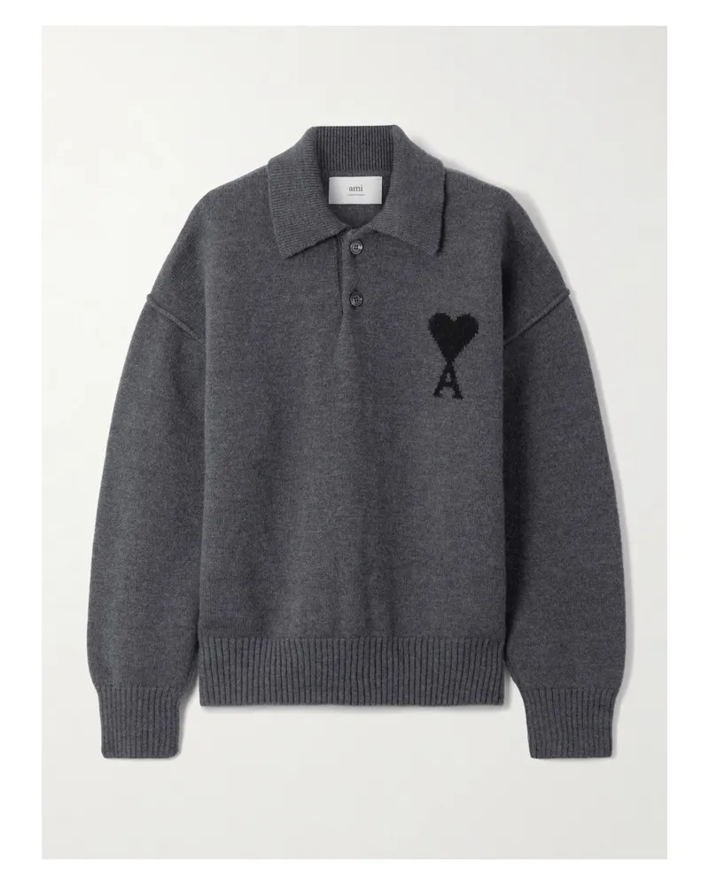 AMI Paris Oversized-pullover Aus Wolle Mit Polokragen Und Intarsienmotiv - Grau Grau