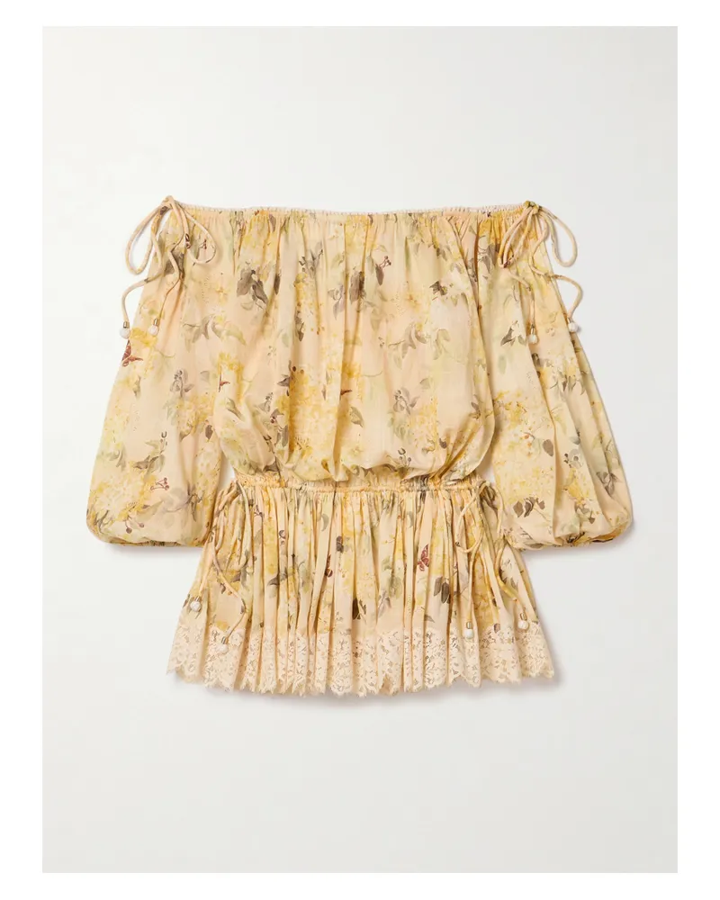 Zimmermann Cascadian Schulterfreies Minikleid Aus Baumwoll-voile Mit Blumenprint Und Spitzenbesätzen - Creme Creme