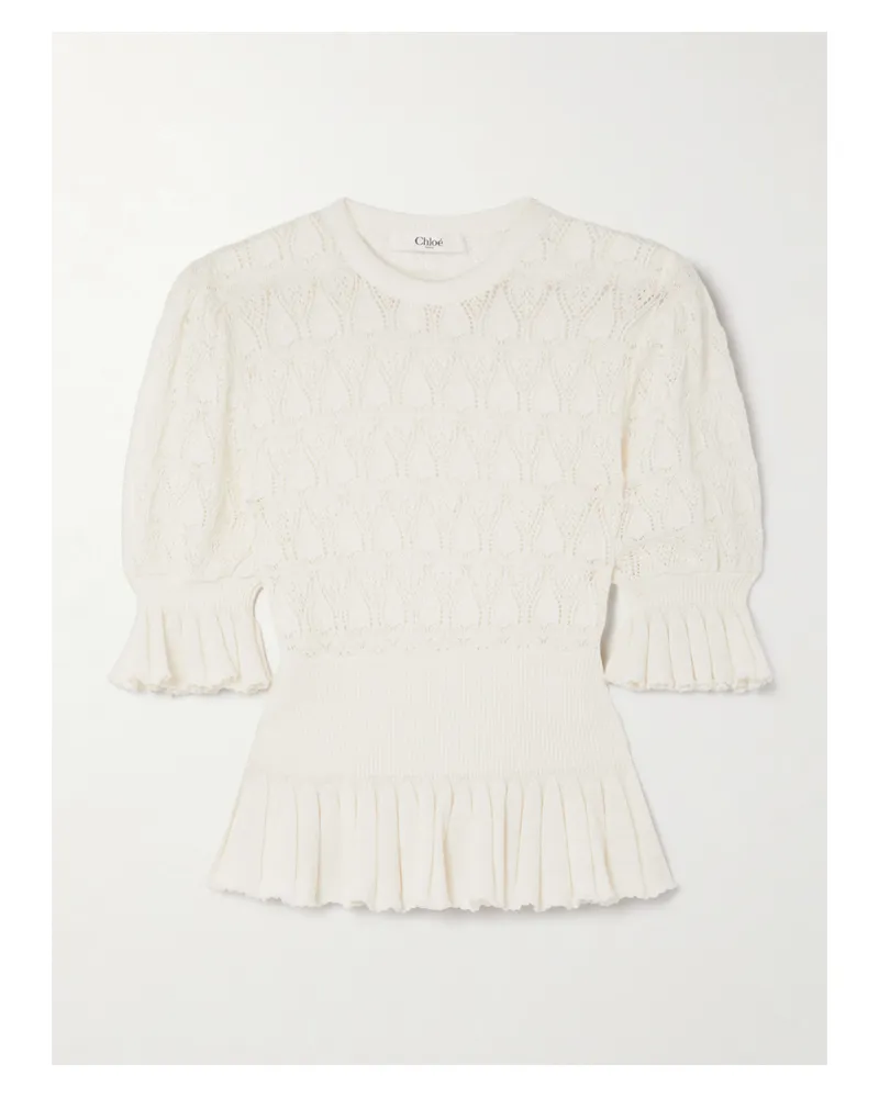 Chloé Pullover Aus Einer Wollmischung In Pointelle-strick Mit Schößchen - Creme Creme