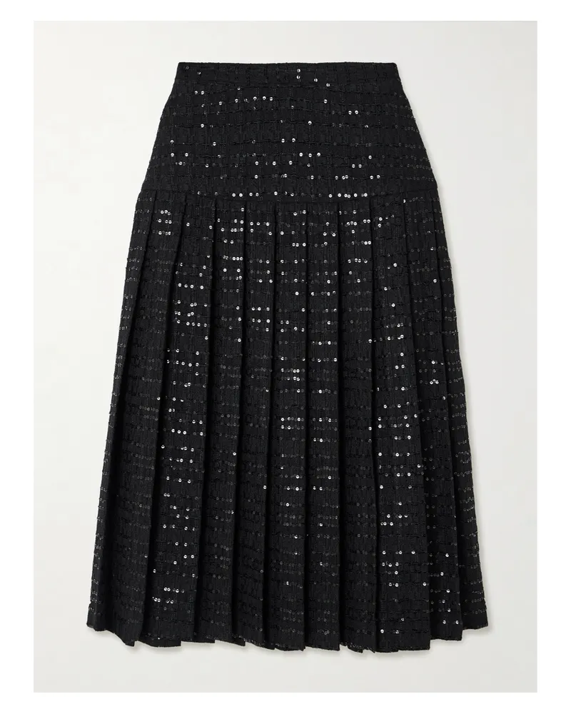 Alessandra Rich Sequin-embellished Pleated Tweed Midi Skirt - Black Black