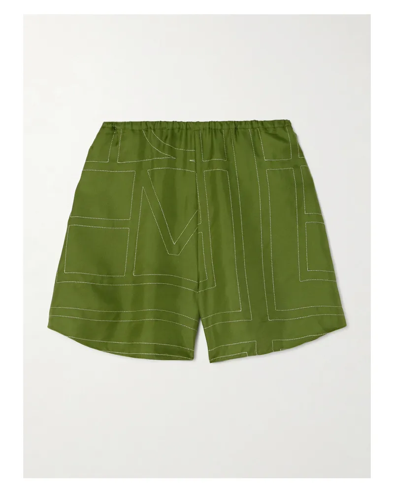 Totême Shorts Aus Besticktem Seiden-twill - Grün Grün