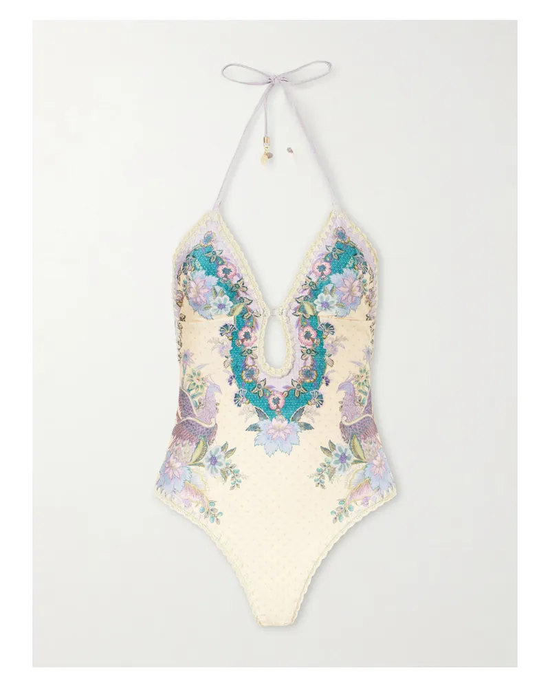 Zimmermann Indra Crochet-trimmed Printed Swimsuit - Neutrals Neutrals