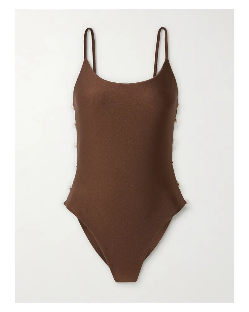 Sara Cristina Ocean Badeanzug Aus Stretch-econyl® Mit Cut-outs Und Perlen - Braun Braun
