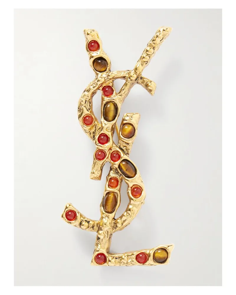 Saint Laurent Cassandre Goldfarbene Brosche Mit Tigeraugen Und Sonnensteinen Gold