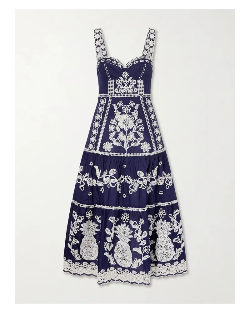 FARM Rio Tiered Embroidered Cotton-poplin Midi Dress - Blue Blue