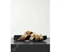 Metallic Croc-effect Leather Sandals - Gold