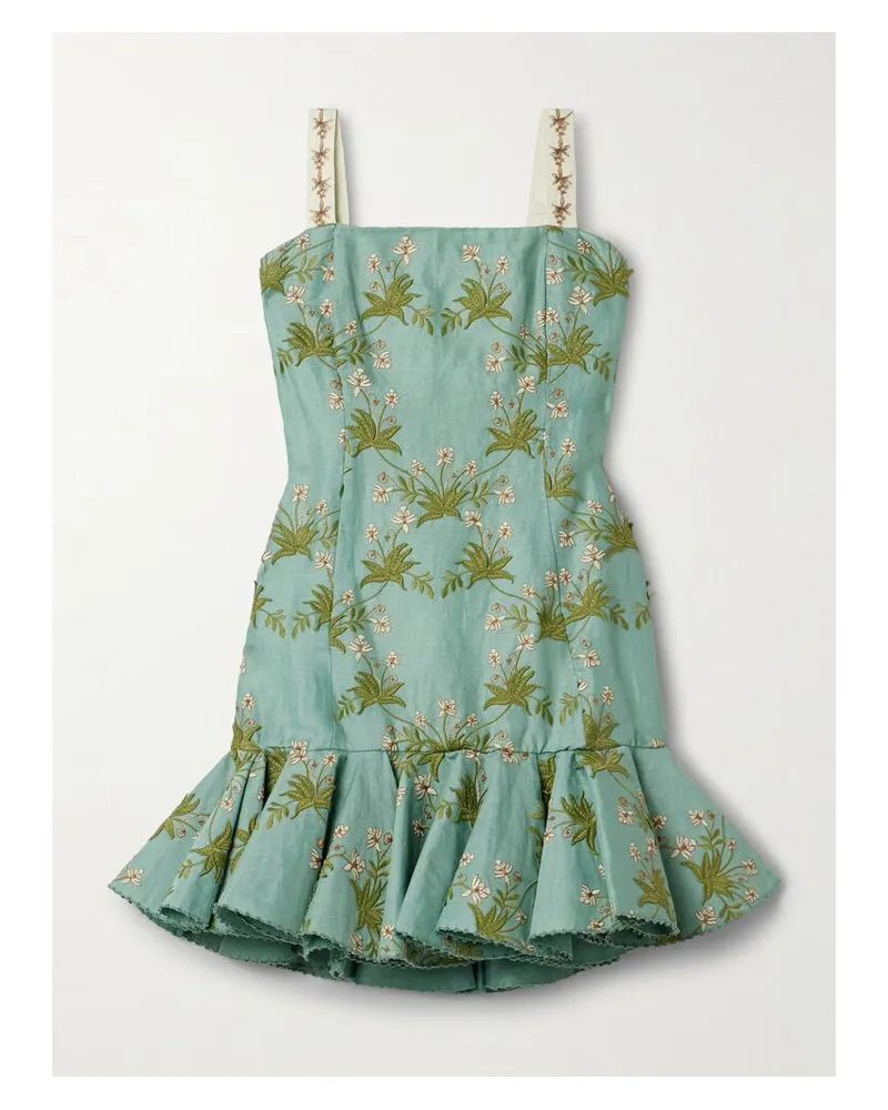 AGUA BENDITA Tumbao Orquidea Minikleid Aus Leinen Mit Rüschen, Stickereien Und Applikationen - Grün Grün