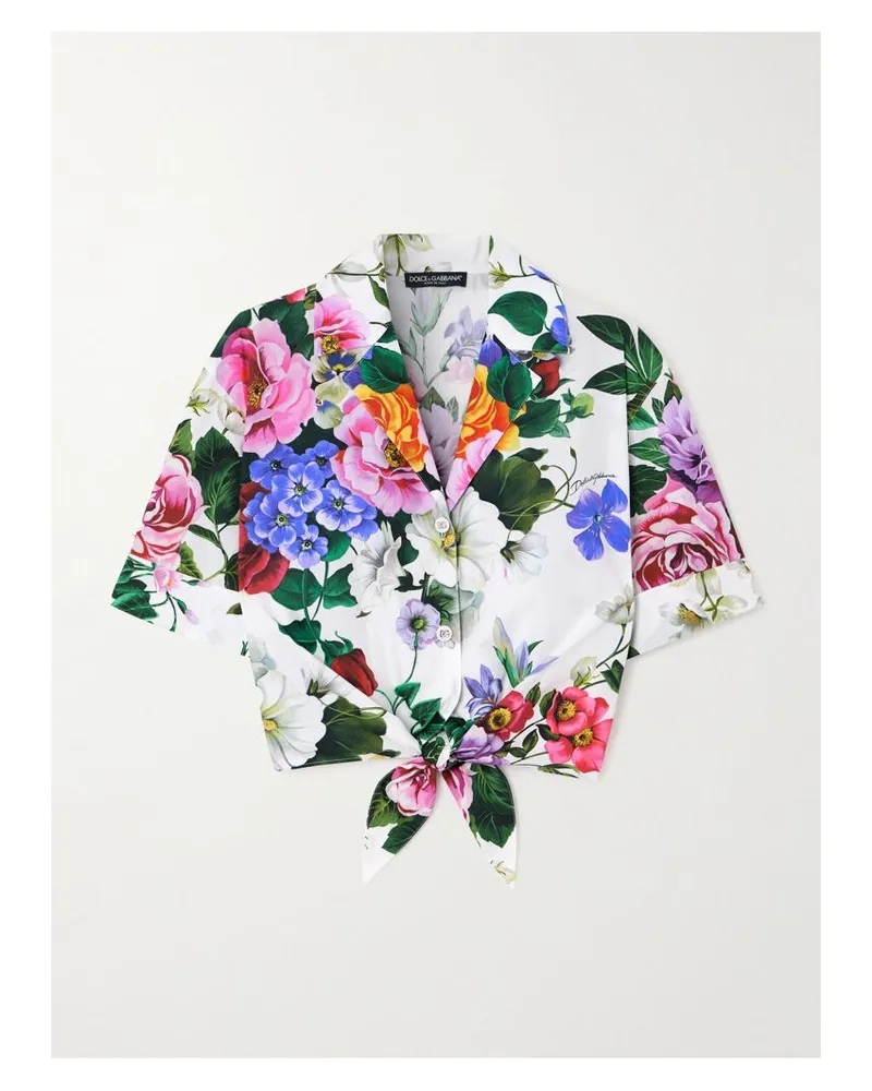 Dolce & Gabbana Verkürztes Hemd Aus Baumwollpopeline Mit Blumenprint Zum Binden - Weiß Weiß