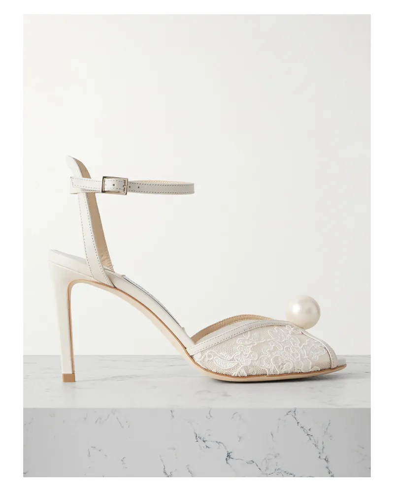 Jimmy Choo Sacora 85 Embellished Leather-trimmed Lace Sandals - Ivory Ivory