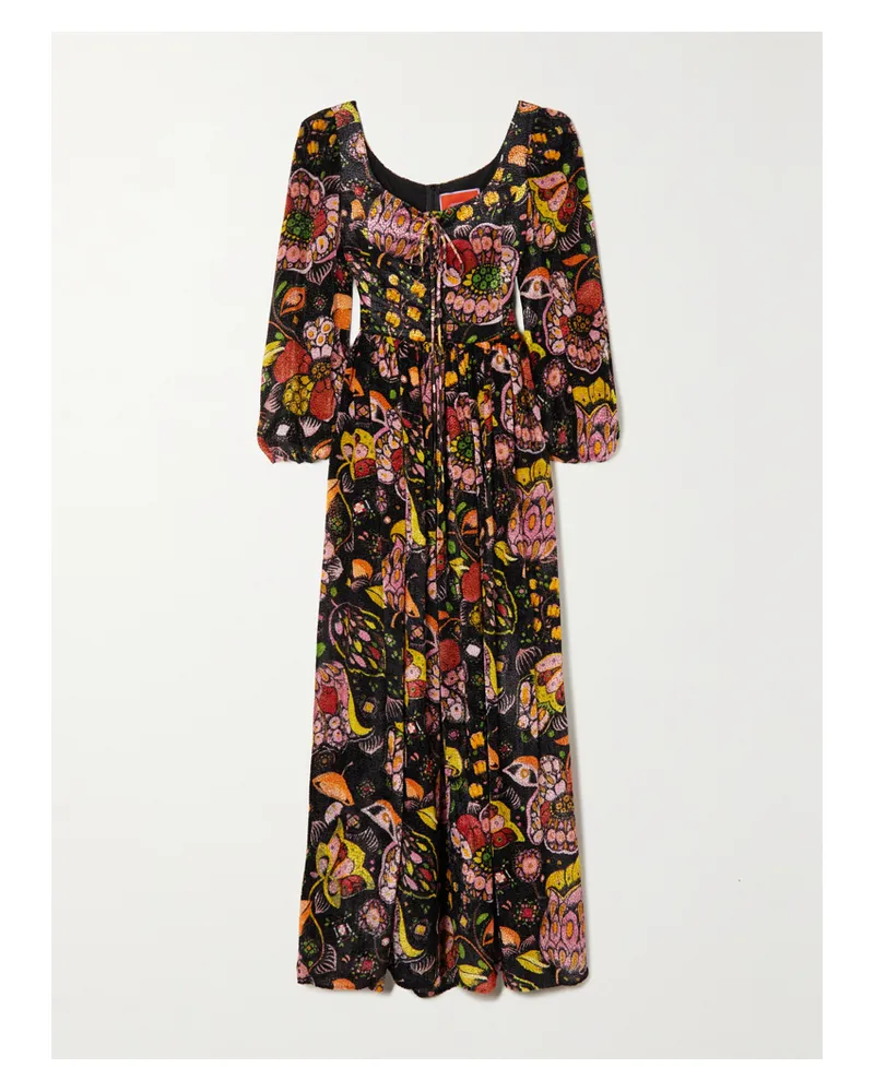 La DoubleJ Wanderlust Maxikleid Aus Devoré-samt Mit Blumenprint Und Schnürung - Schwarz Schwarz
