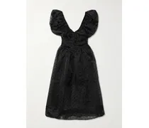 Ruched Flocked Polka-dot Recycled Organza Midi Dress - Black