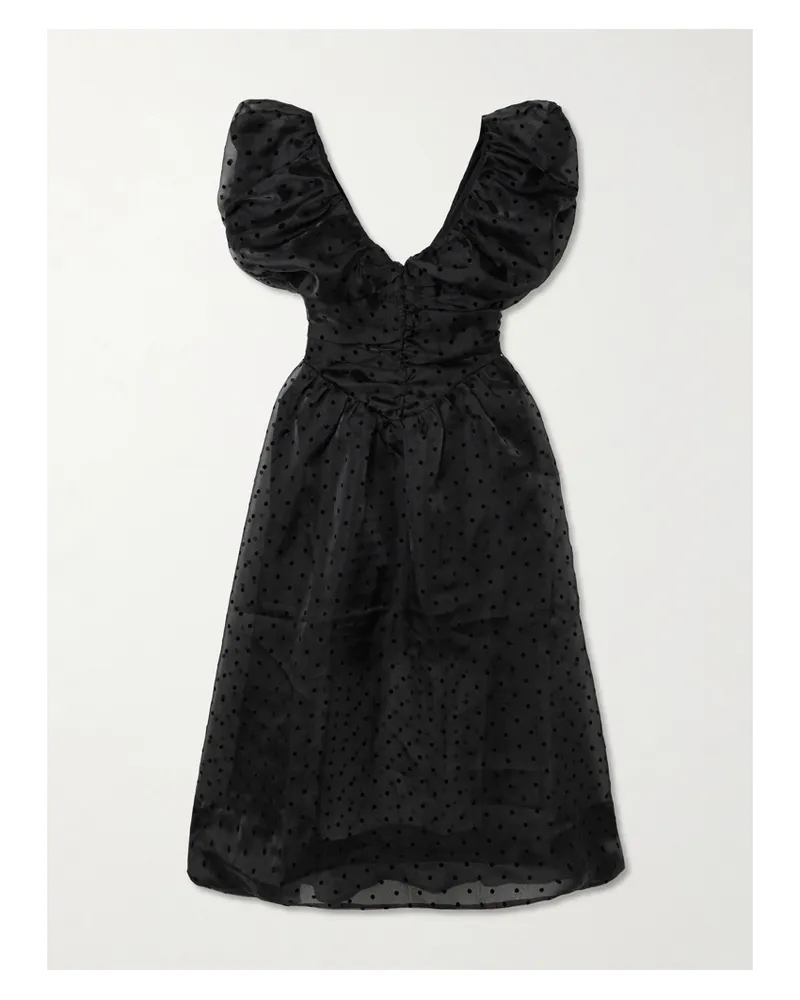 Ganni Ruched Flocked Polka-dot Recycled Organza Midi Dress - Black Black