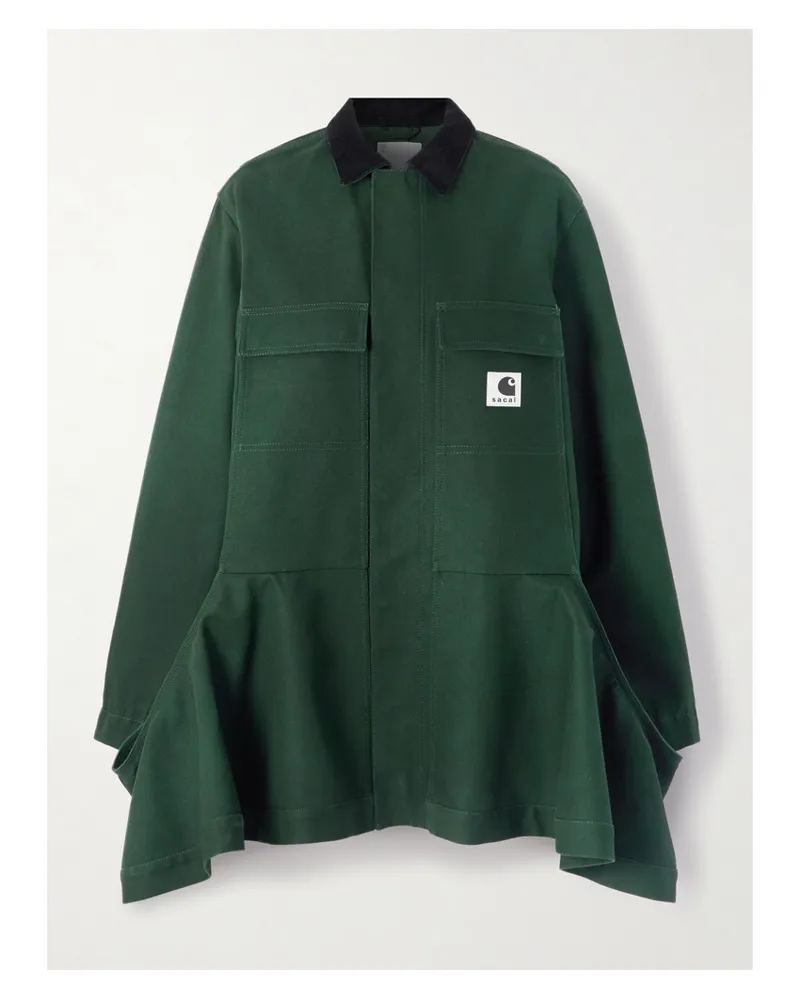 Sacai Carhartt Wip Minikleid Aus Baumwoll-canvas Mit Cordbesatz Und Volants - Grün Grün