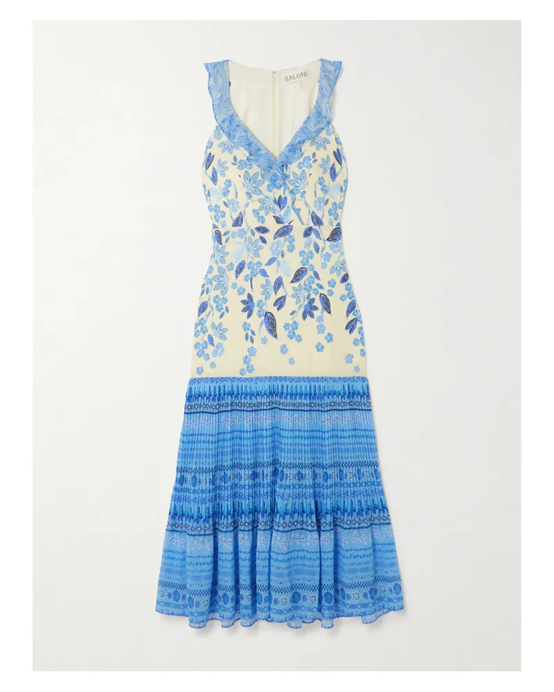 Saloni Amy Midikleid Aus Bedrucktem Seiden-georgette Mit Plissee Und Volants - Blau Blau