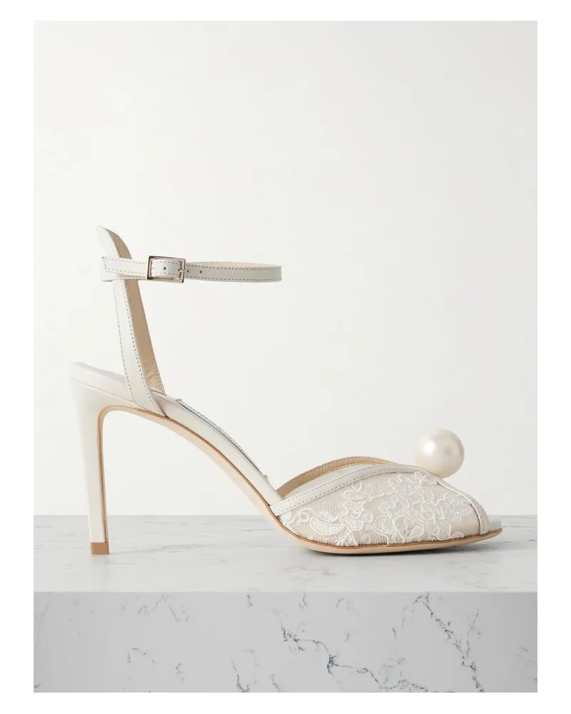 Jimmy Choo Sacora 85 Sandalen Aus Spitze Mit Lederbesätzen Und Verzierungen - Elfenbein Elfenbein