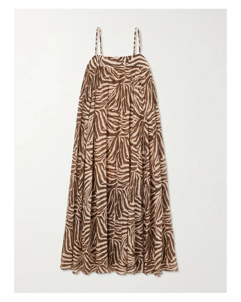 Zimmermann Wanderlust Gathered Zebra-print Cotton Maxi Dress - Animal print Animal