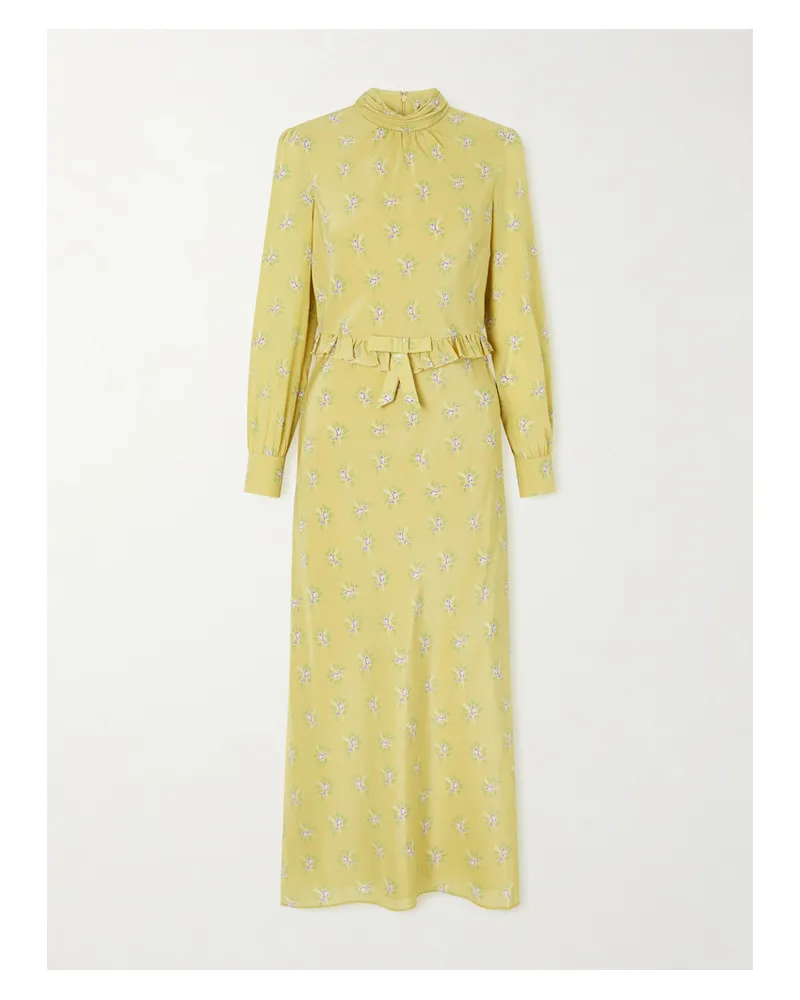 Alessandra Rich Midikleid Aus Crêpe De Chine Aus Seide Mit Blumenprint, Rüschen Und Schleife - Gelb Gelb