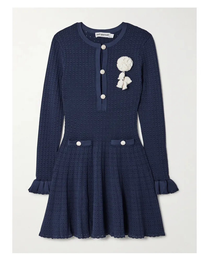 Self-Portrait Minikleid Aus Pointelle-strick Mit Verzierungen Und Rüschen - Blau Blau
