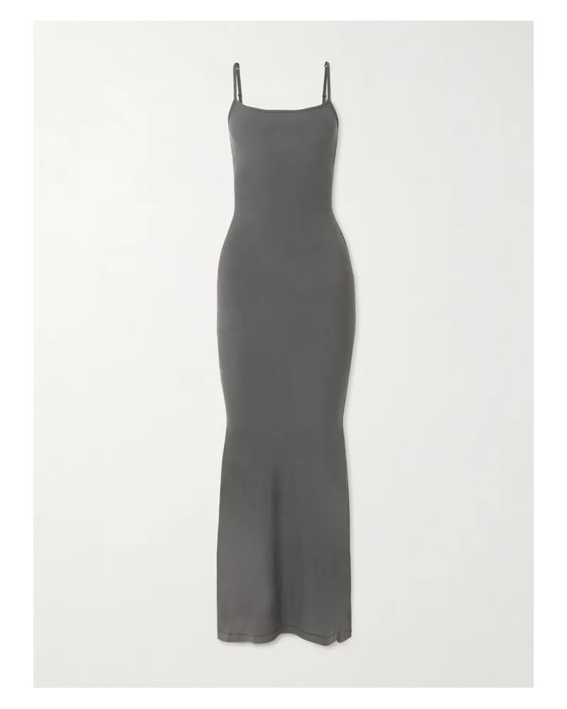 SKIMS Soft Lounge Long Slip Dress – Gunmetal – Maxikleid aus Geripptem Stretch-modal Metallic