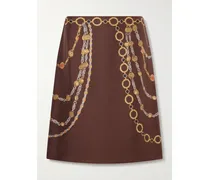 Printed Silk-twill Knee-length Skirt - Brown