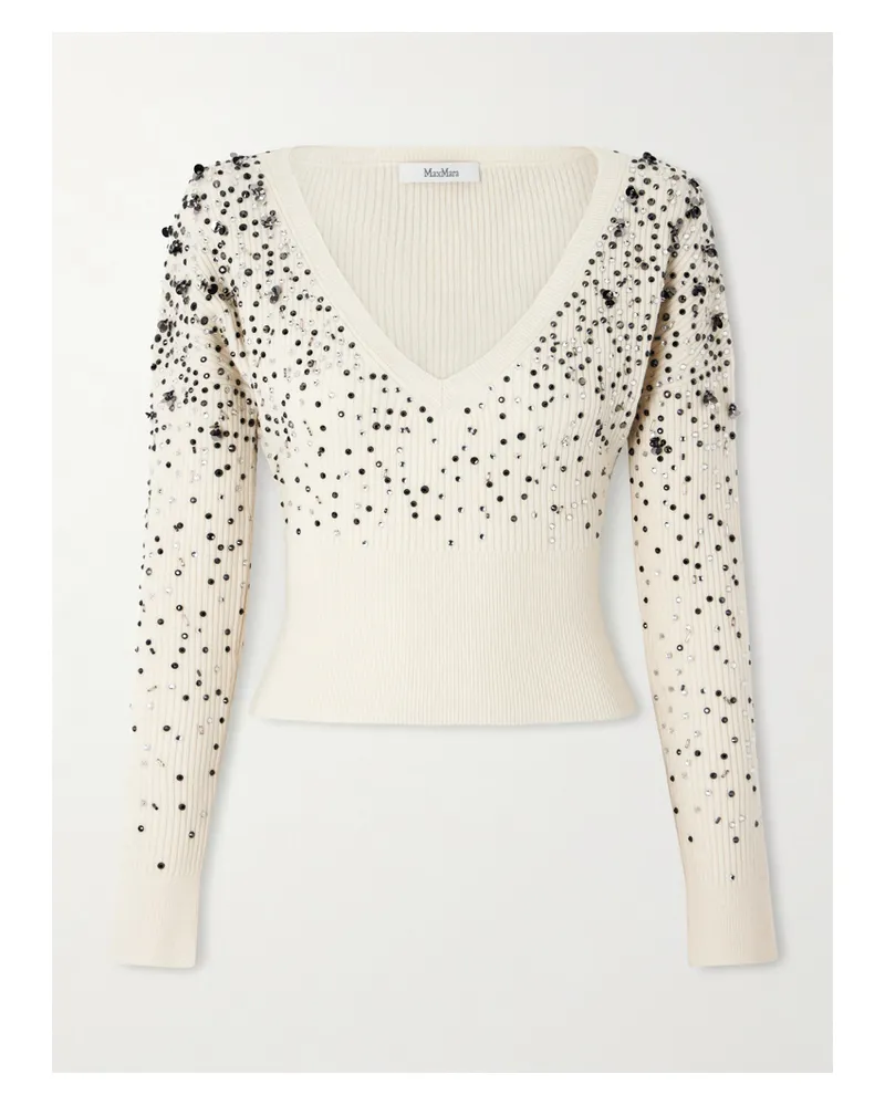 Max Mara Verkürztes Oberteil Aus Einer Gerippten Wollmischung Mit Verzierungen - Elfenbein Elfenbein