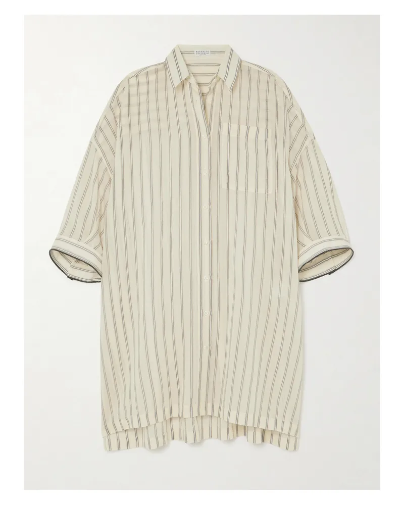Brunello Cucinelli Hemd Aus Voile Aus Einer Gestreiften Baumwoll-seidenmischung Mit Zierperlen - Weiß Weiß