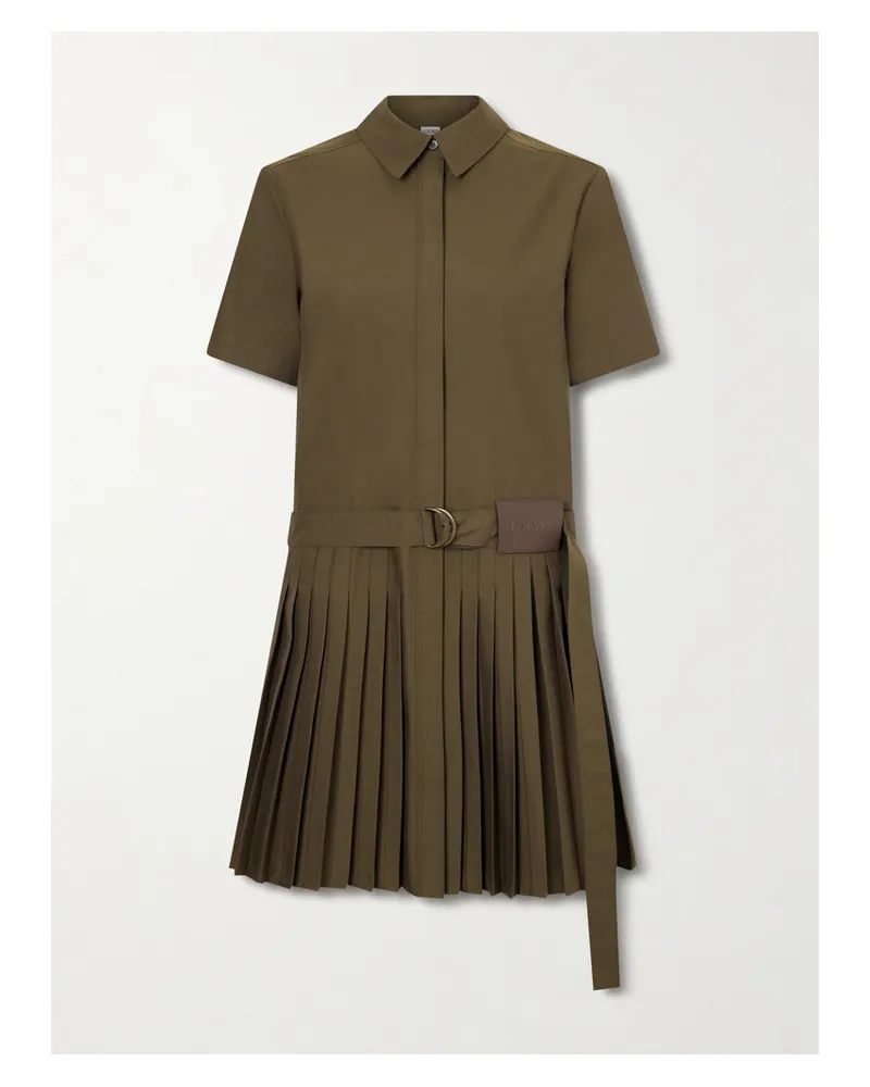 Loewe Belted Pleated Cotton-blend Mini Shirt Dress - Green Green