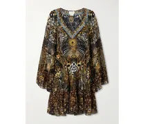 Embellished Animal-print Silk Crepe De Chine Mini Dress - Brown