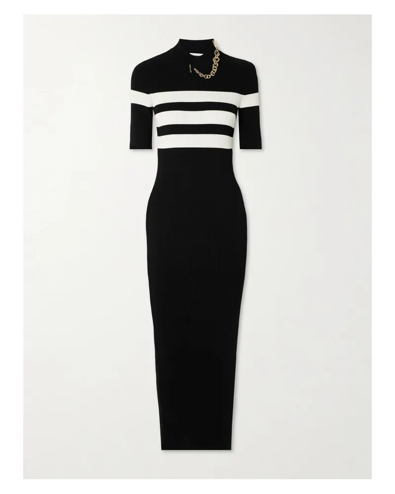 Jean Paul Gaultier Maxikleid Aus Rippstrick Mit Streifen Und Kette - Schwarz Schwarz