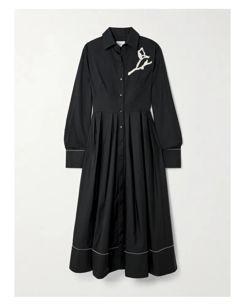 Erdem Midi-hemdblusenkleid Aus Baumwollpopeline Mit Falten Und Stickerei - Schwarz Schwarz
