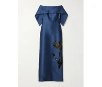 Off-the-shoulder Embellished Mikado Gown - Blue