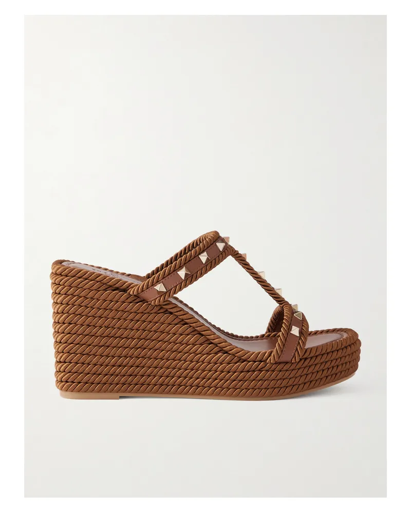 Valentino Garavani Rockstud Leather Wedge Mules - Brown Brown