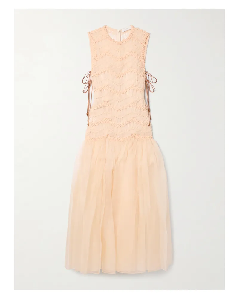 Zimmermann Illuminate Robe Aus Gerafftem Seidenorganza Und Tüll Mit Details Aus Makrameegarn - Orange Orange